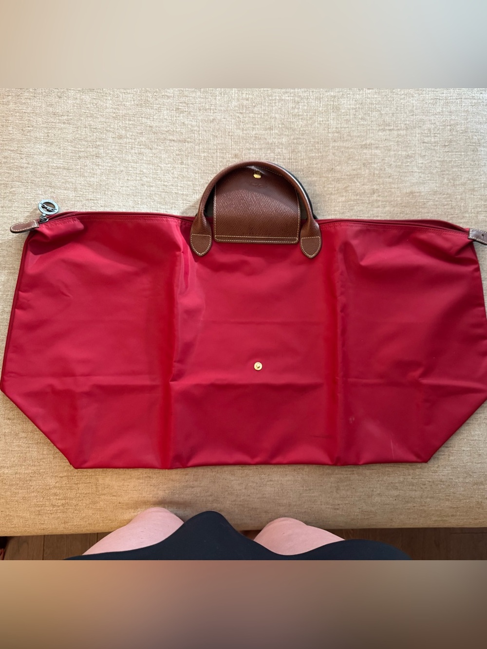 Longchamp XL Le Pliage Foldable Tote in Deep Red with Brown Leather